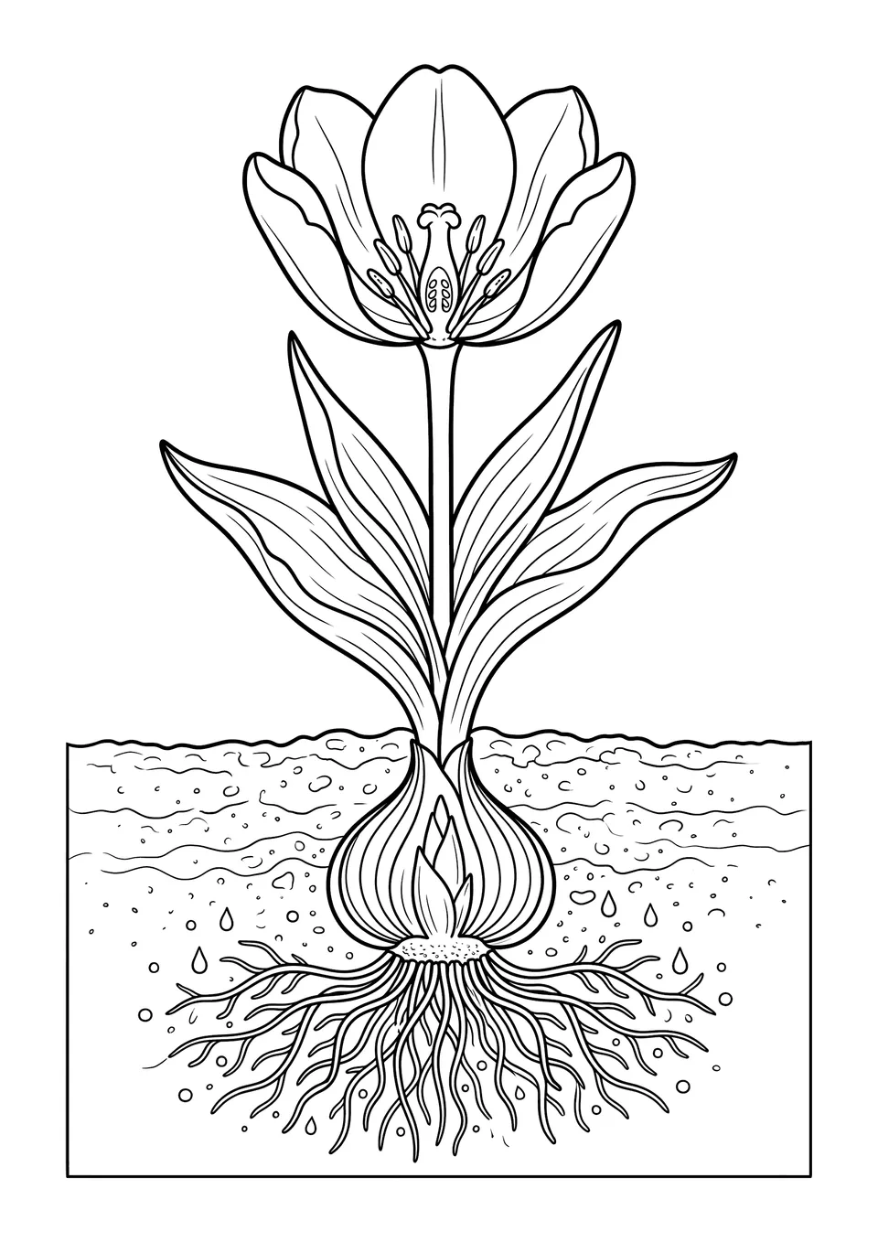 Desenho para colorir e imprimir em preto e branco mostrando um corte transversal de uma flor desabrochando na primavera com seu sistema de raízes subterrâneas absorvendo água no solo.