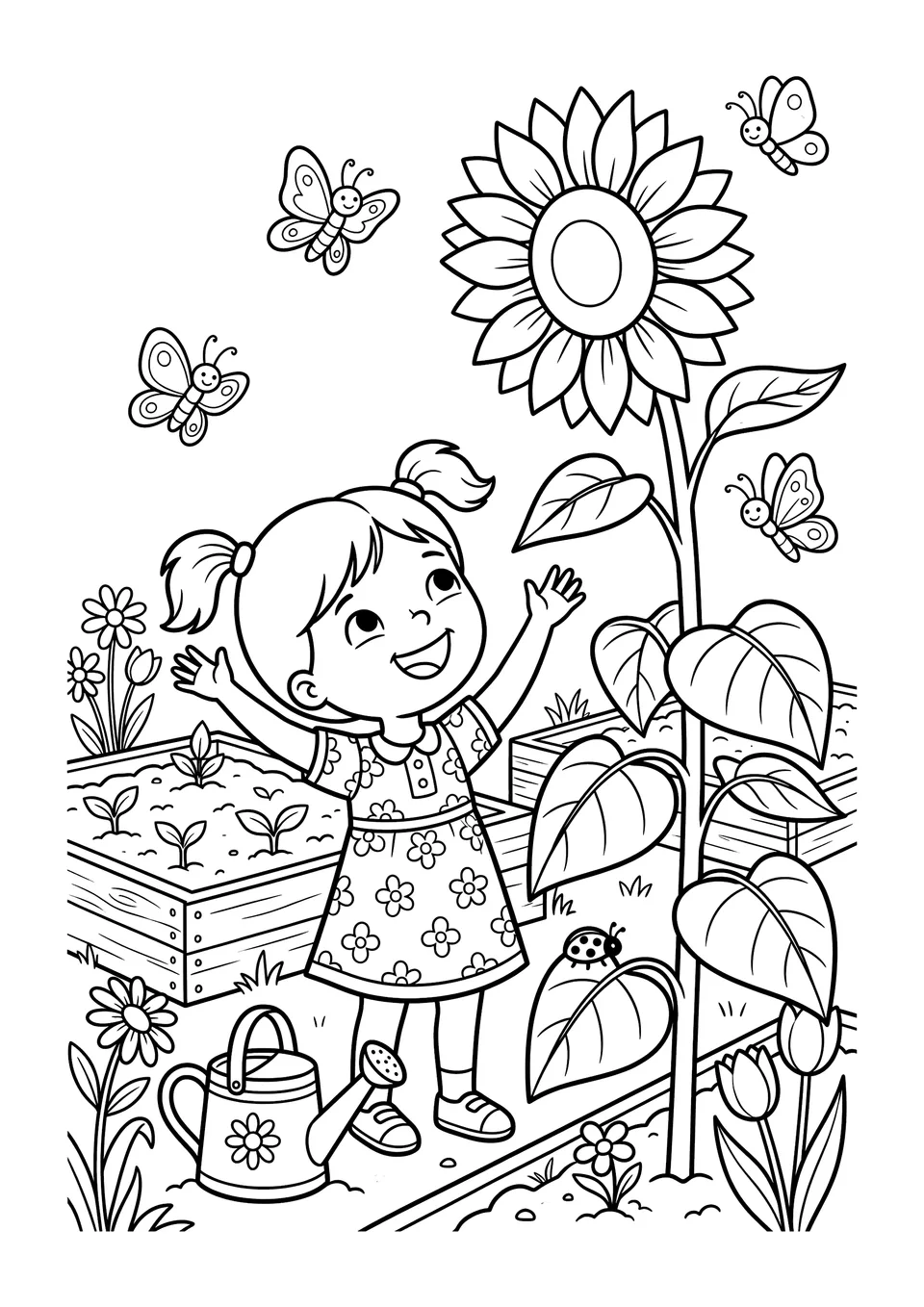 Desenho em preto e branco para colorir de uma menina sorridente admirando um girassol alto e florido em uma horta comunitária.