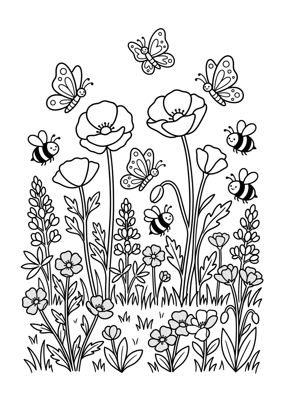 Black and white line art coloring page featuring spring wildflowers including buttercups, bluebonnets, and poppies in a meadow with butterflies.