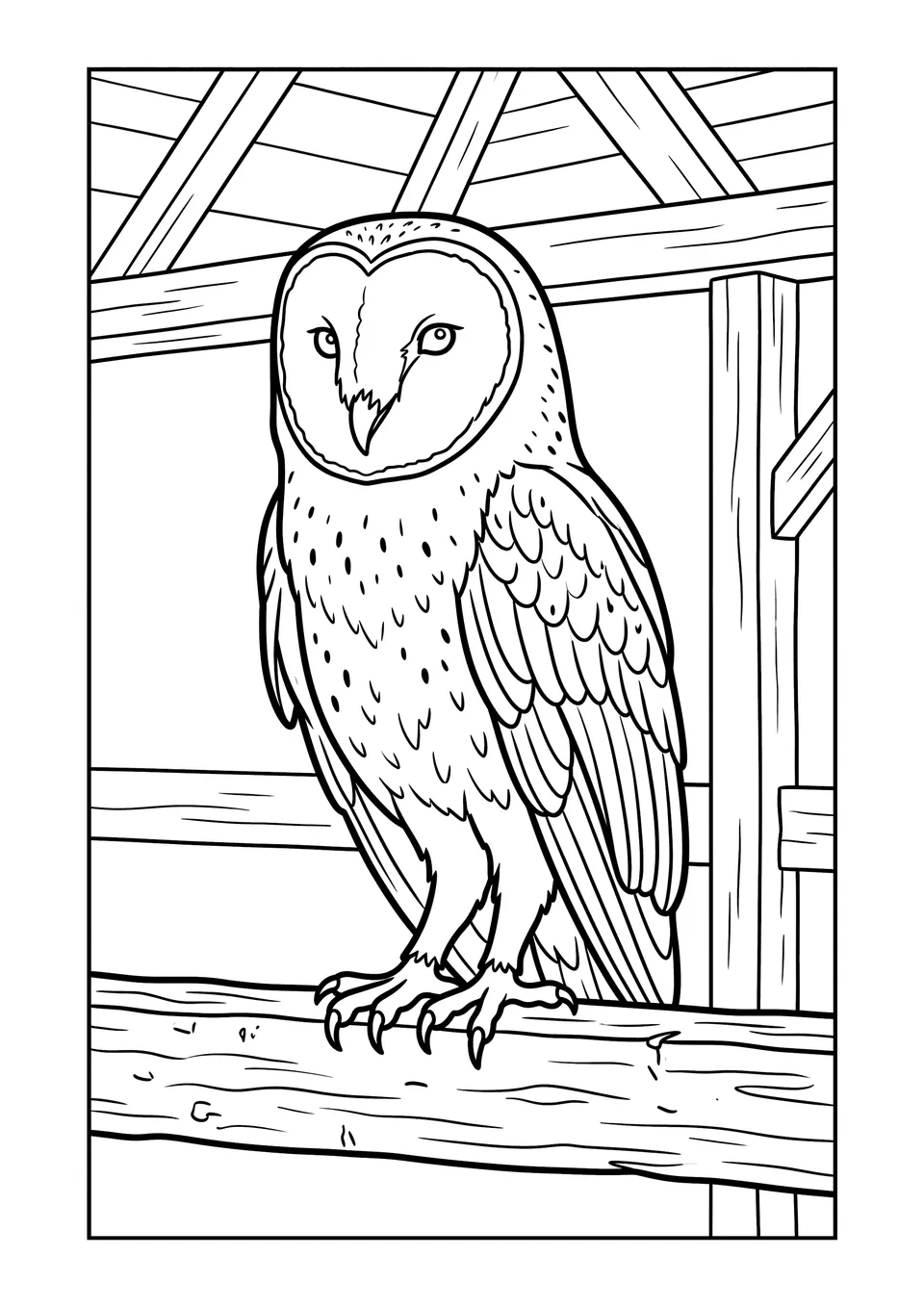 Black and white printable coloring page line art showing a barn owl perched on a wooden beam.