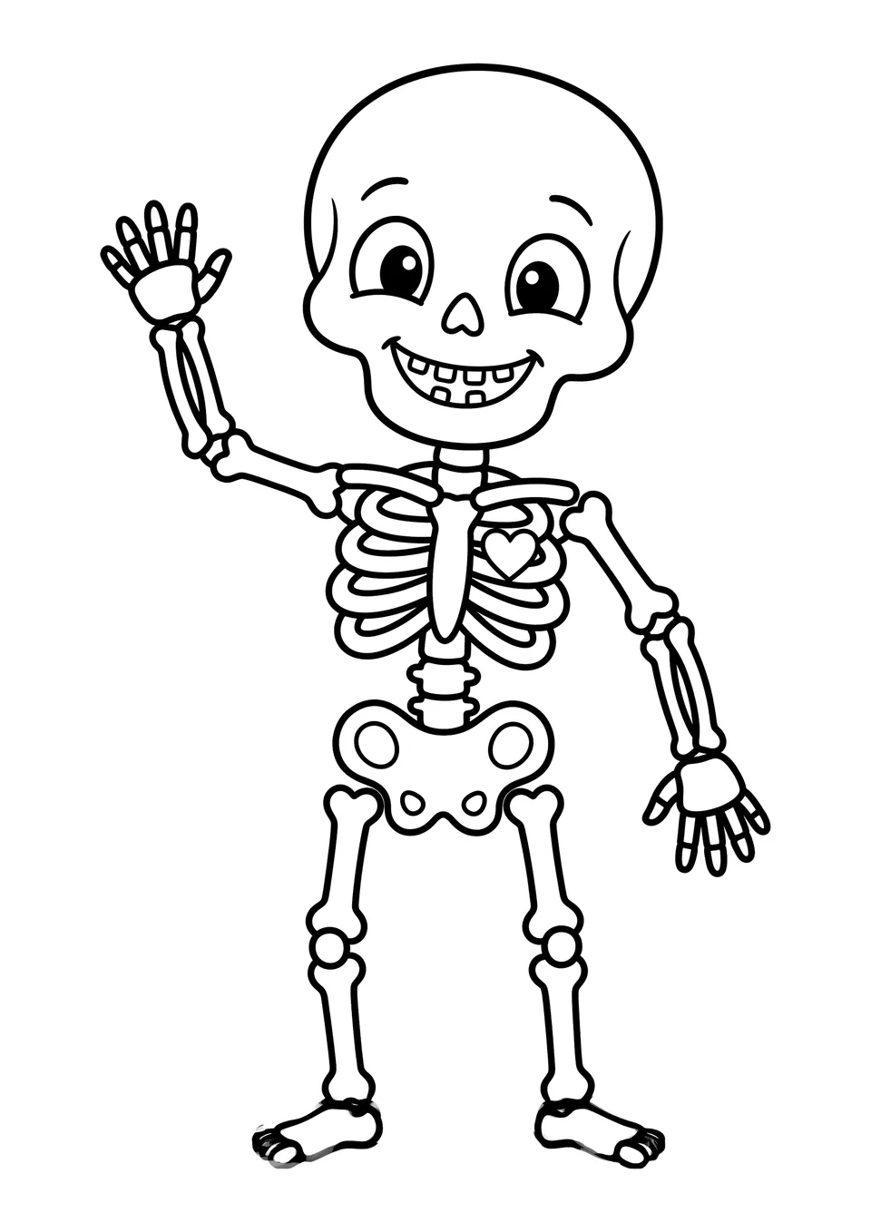 Black and white line art of a cute cartoon skeleton smiling and waving, ideal for kids to color.