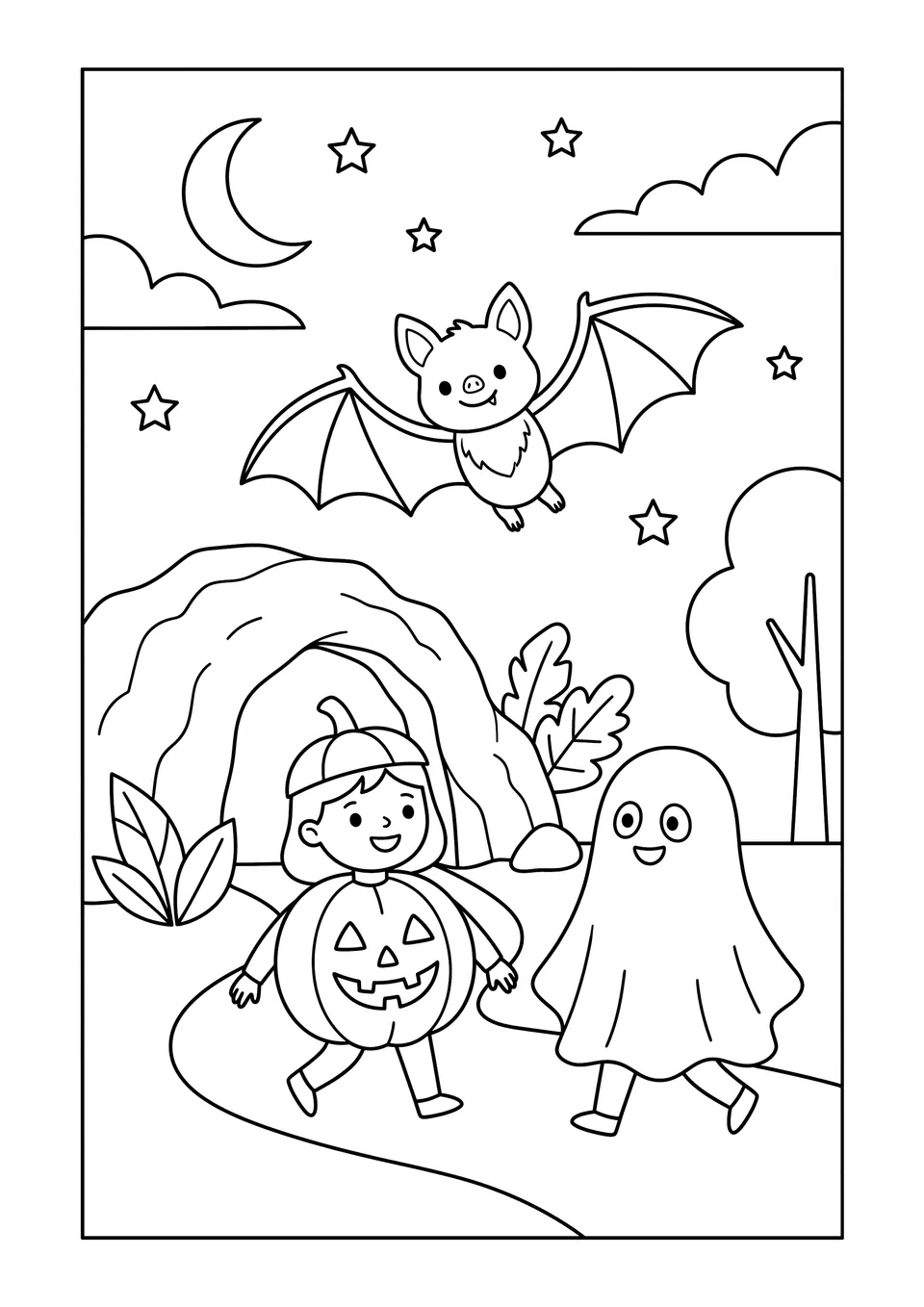 Desenho em preto e branco para colorir mostrando um morceguinho simpático voando perto de uma caverna, acima de crianças fantasiadas de Dia das Bruxas.