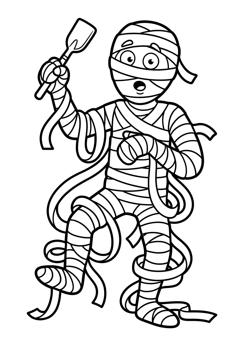 Desenho em preto e branco para colorir com uma múmia divertida toda enrolada em faixas soltas.