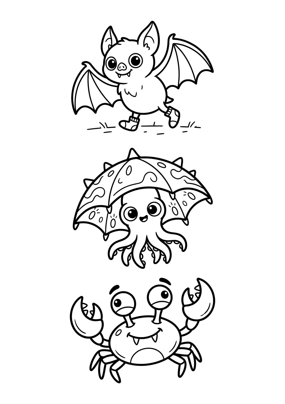 Desenho em preto e branco para colorir com um morcego-vampiro engraçado, uma lula-vampiro e um caranguejo-vampiro.