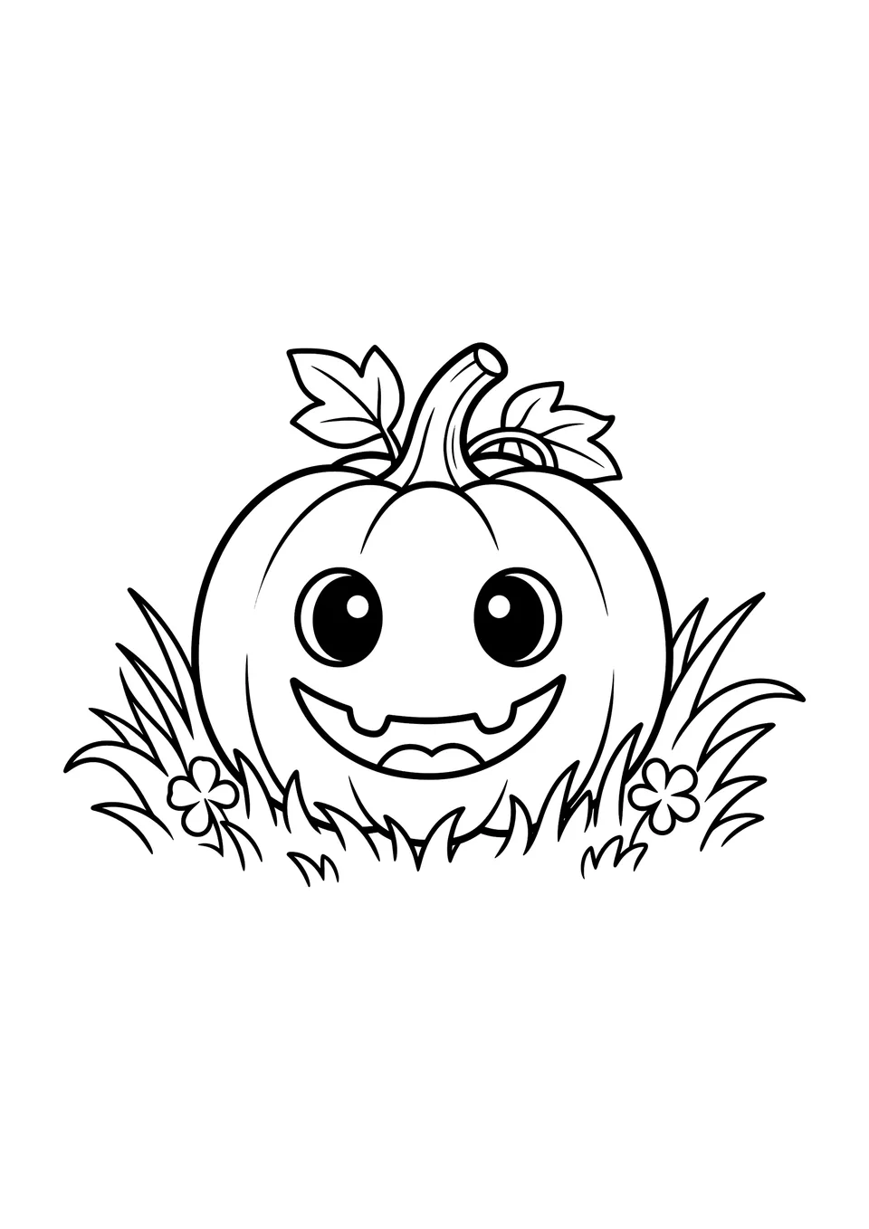 Desenho em preto e branco de uma abobrinha fofa com um sorriso feliz entalhado, sentada na grama.