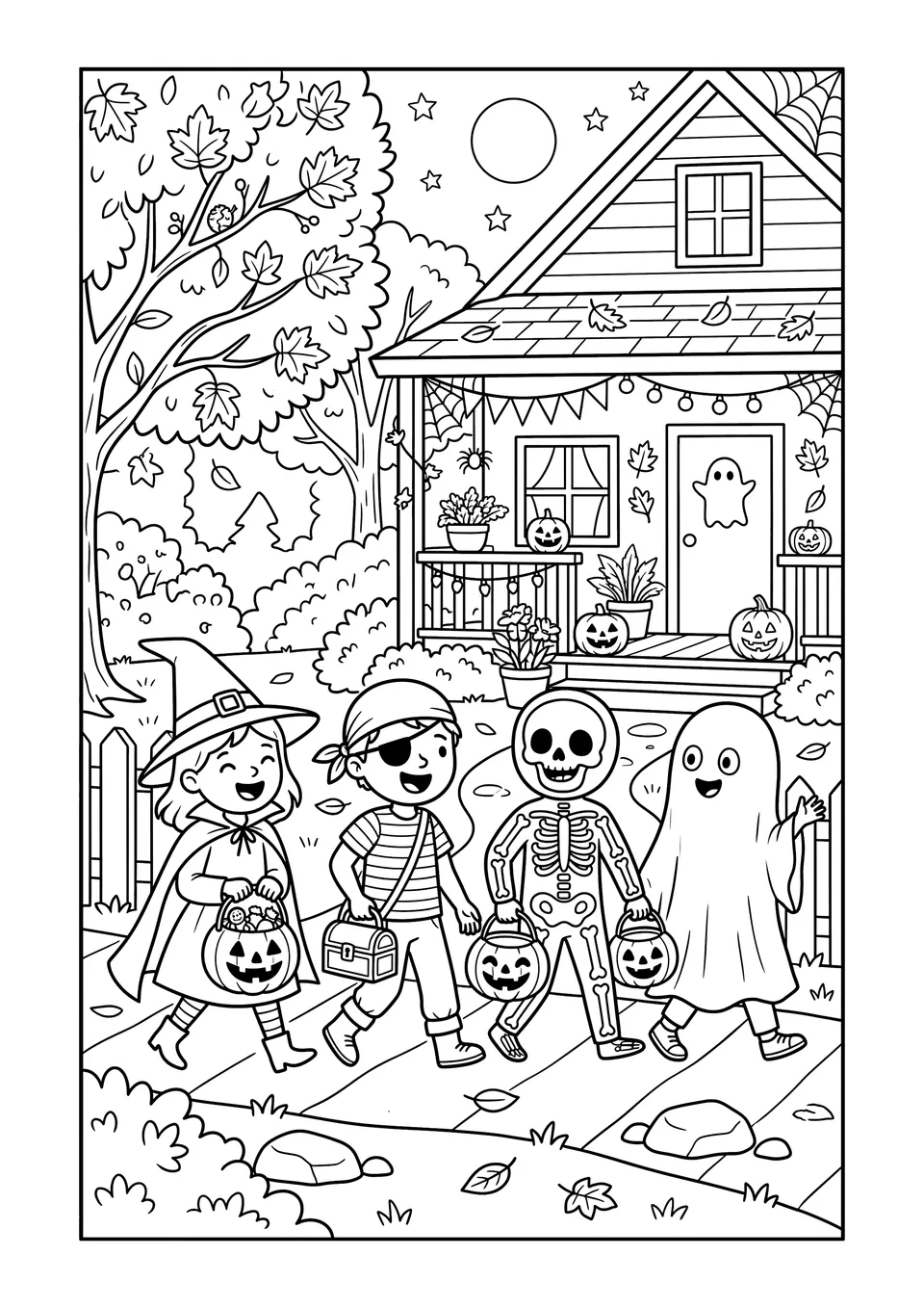 Desenho para colorir em preto e branco mostrando crianças fantasiadas pedindo doces ou travessuras no Halloween.
