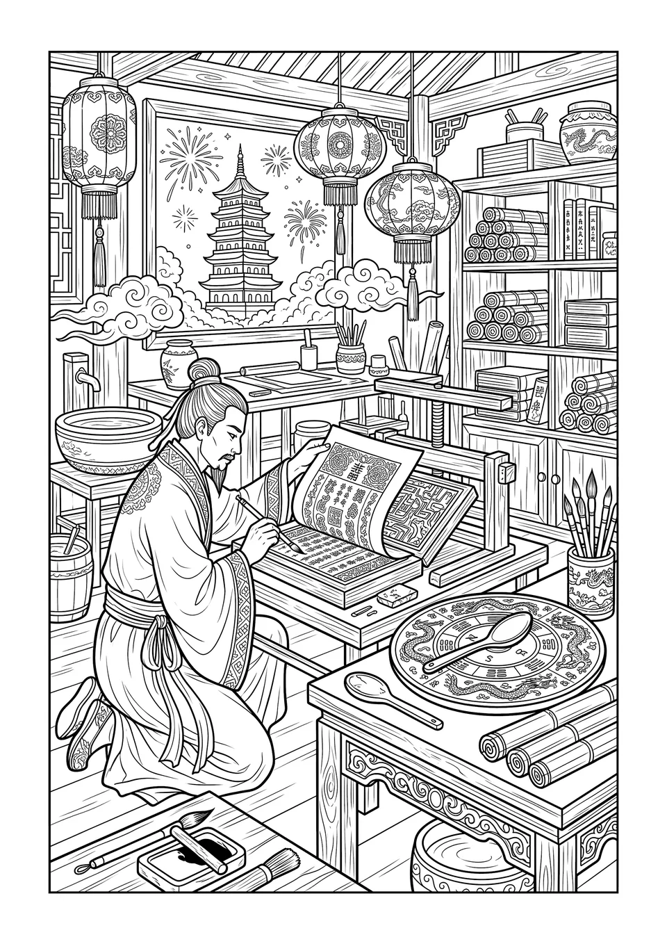 Desenho detalhado em preto e branco para colorir sobre as invenções da China antiga, mostrando prensa de blocos de madeira, bússola de colher magnética, pergaminhos de papel e fogos de artifício decorativos.