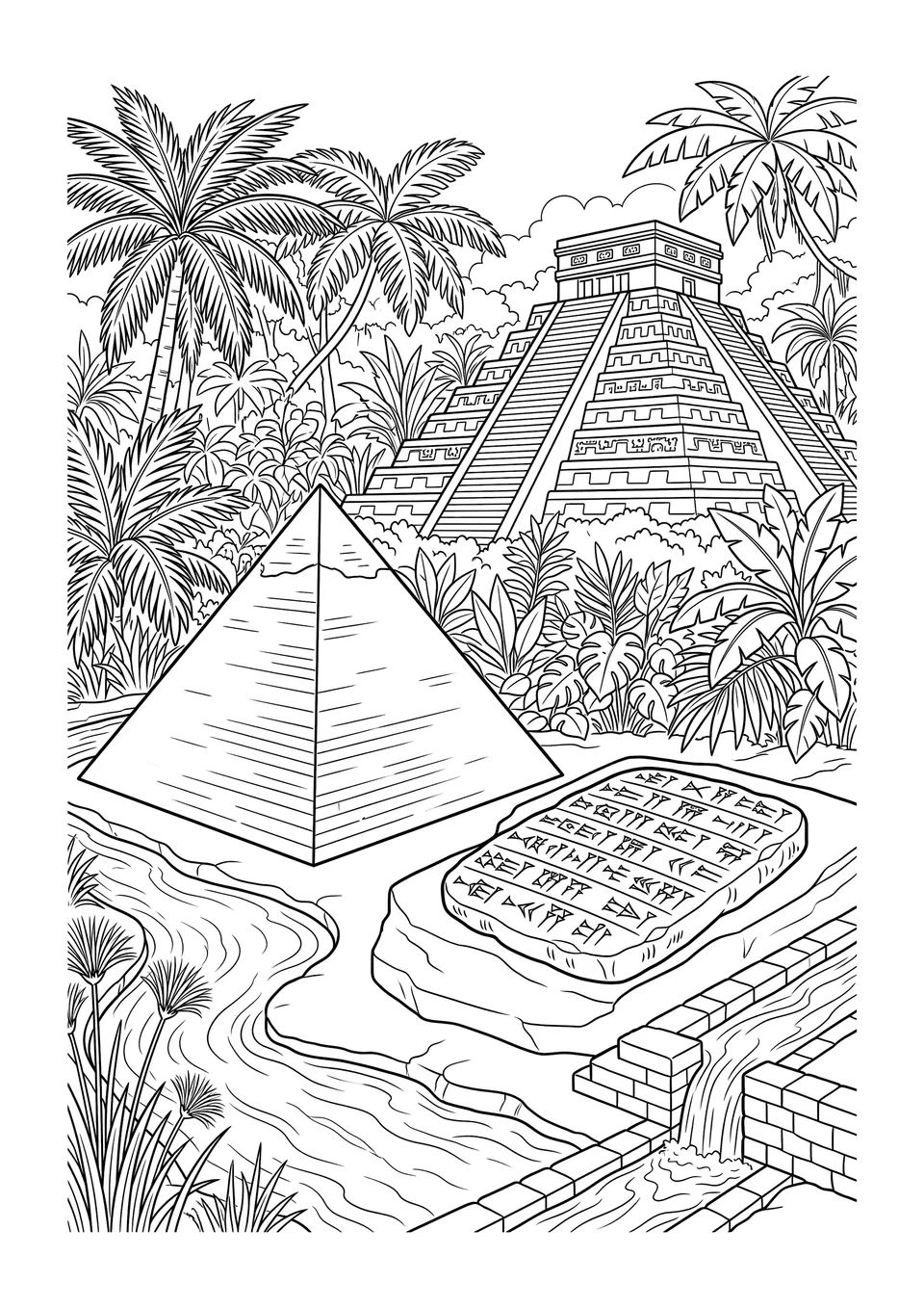 Desenho detalhado em preto e branco para crianças colorirem, mostrando estruturas antigas com uma pirâmide egípcia, um templo maia em degraus e um canal de rio mesopotâmico.