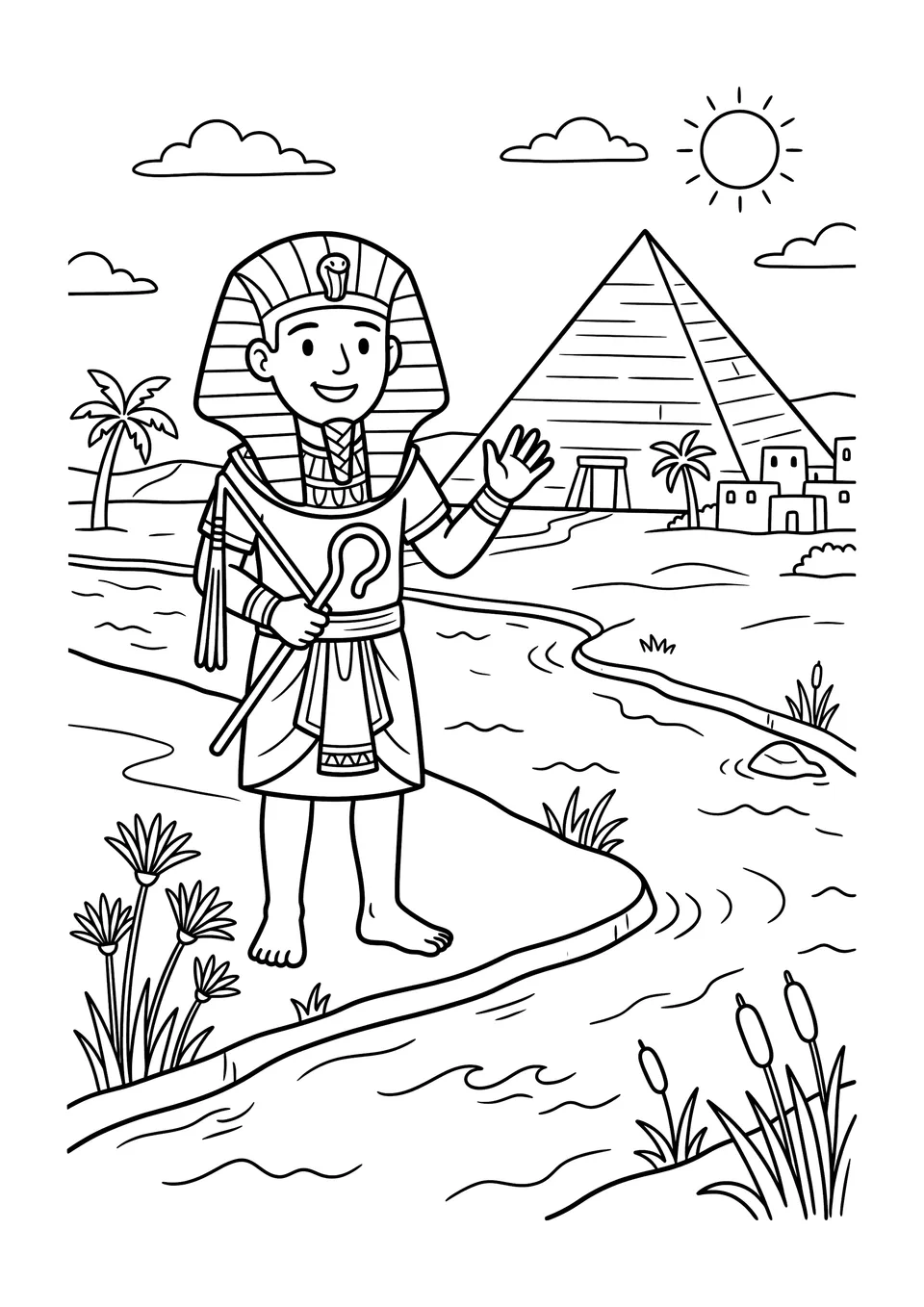 Desenho para colorir imprimível em preto e branco para crianças, mostrando uma cena do Egito Antigo com um faraó, o Rio Nilo e uma pirâmide.