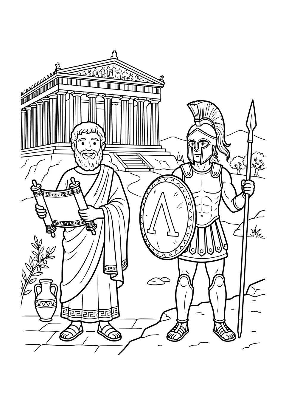 Desenho educativo para colorir comparando Atenas e Esparta na Grécia Antiga, com um filósofo ateniense e um soldado espartano.