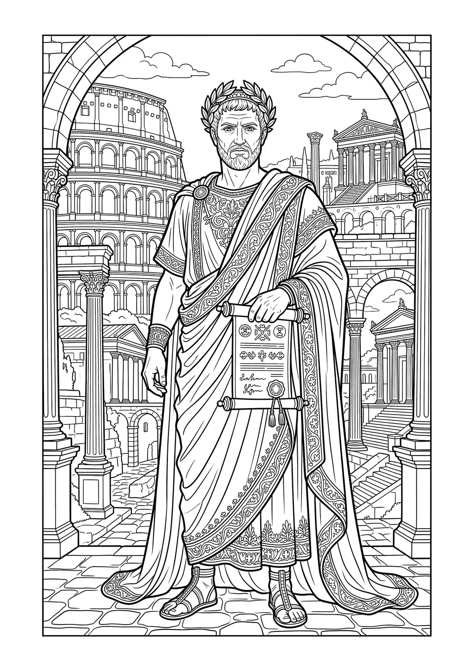 Um desenho detalhado em preto e branco para colorir de um imperador romano usando toga e coroa de louros, com o Coliseu e colunas romanas ao fundo.
