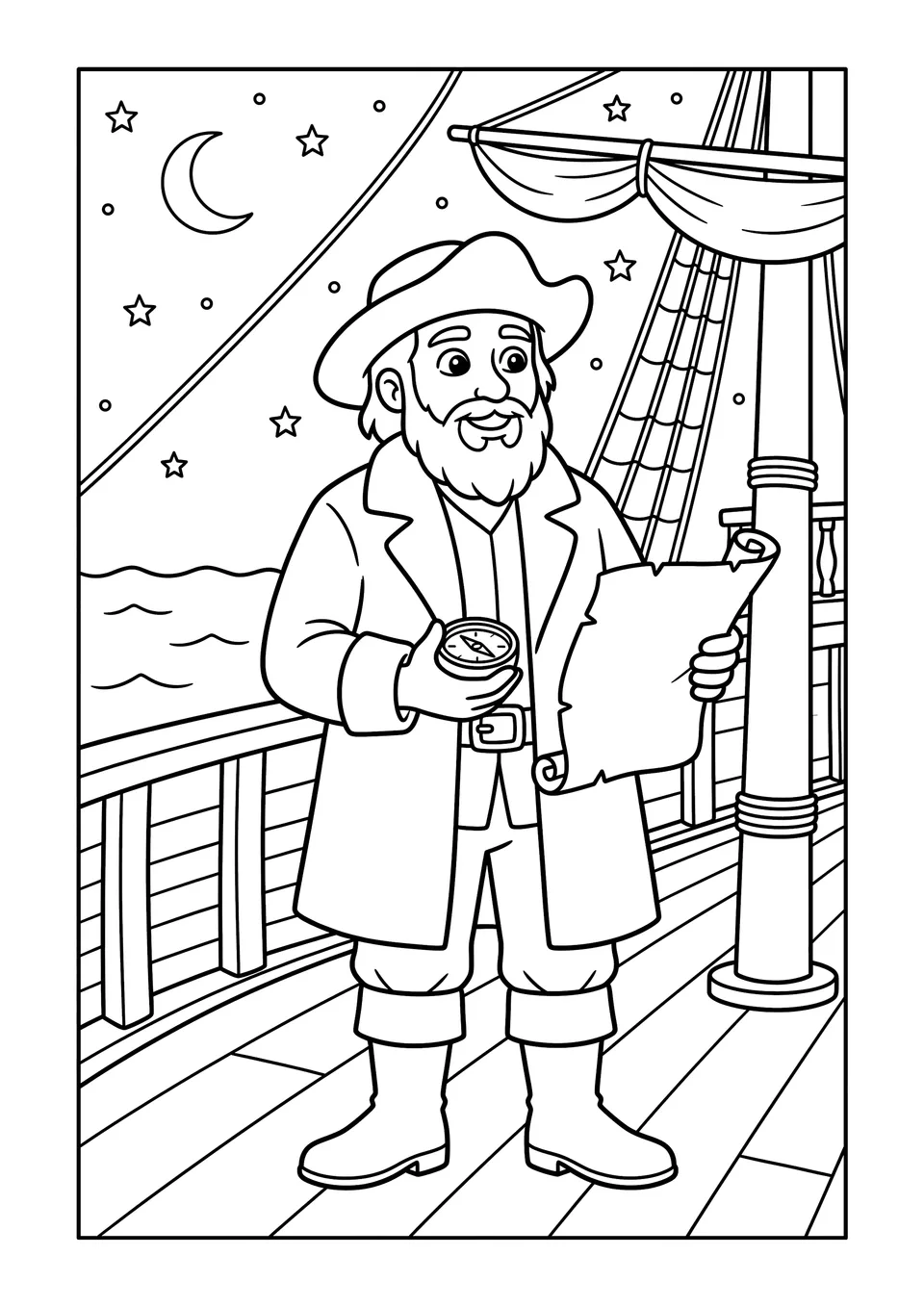 Um desenho para imprimir e colorir em preto e branco de um navegador histórico segurando uma bússola e um mapa em uma caravela, com traços nítidos para as crianças pintarem.