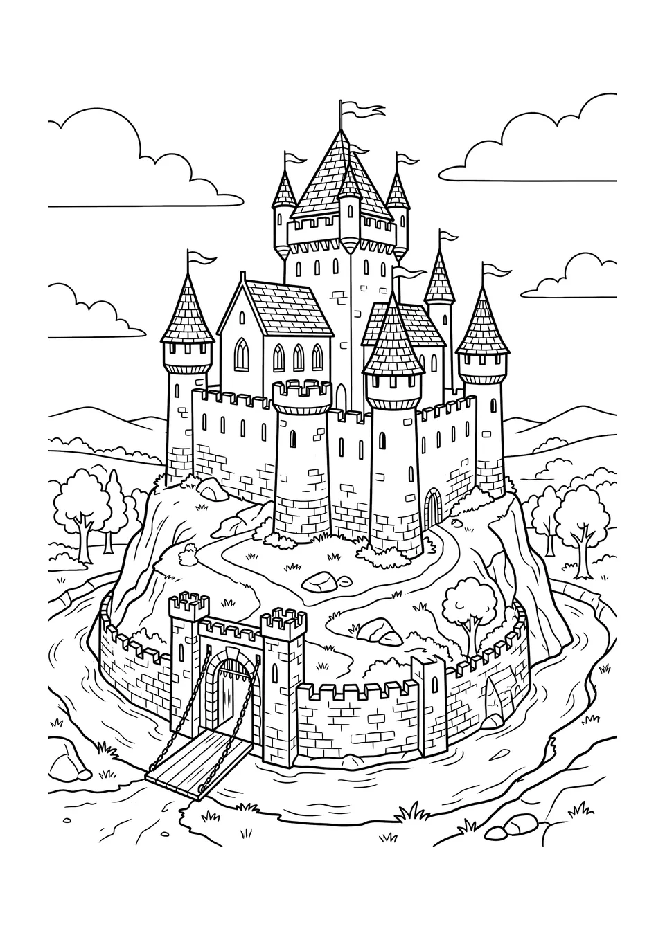 Desenho para colorir em preto e branco de um castelo medieval no alto de uma colina, com fosso, ponte levadiça e torres, com contornos nítidos para crianças.