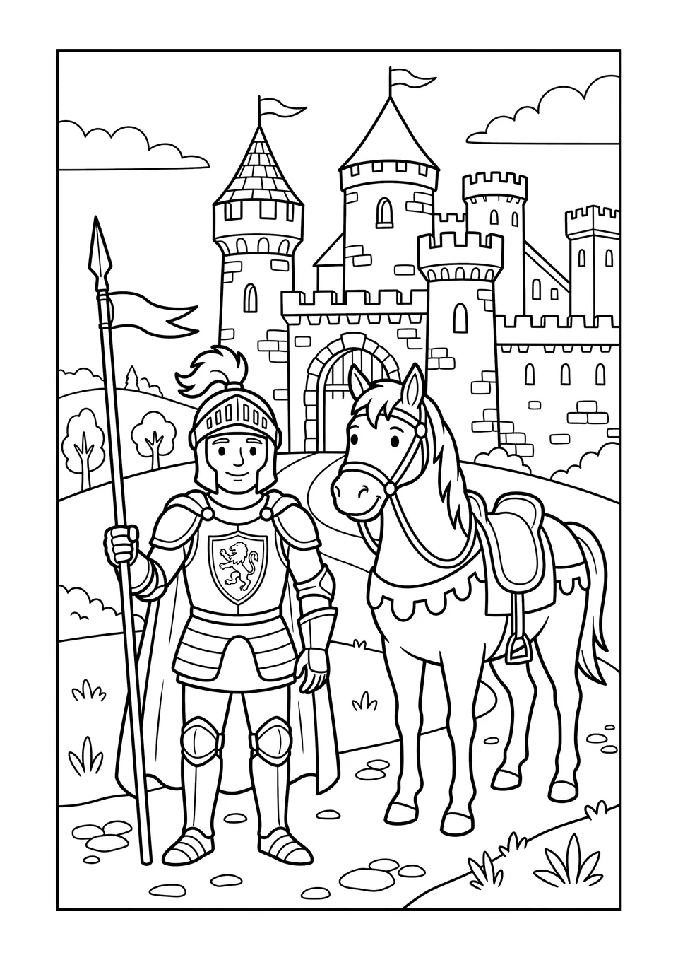 Desenho para colorir em preto e branco com um valente cavaleiro medieval em armadura de placas ao lado de um cavalo perto de um castelo.
