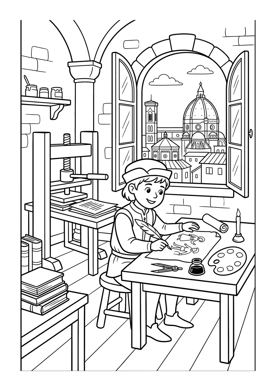 Um desenho em preto e branco para crianças mostrando uma oficina renascentista com um jovem aprendiz desenhando, uma prensa móvel e uma linda janela com vista italiana.