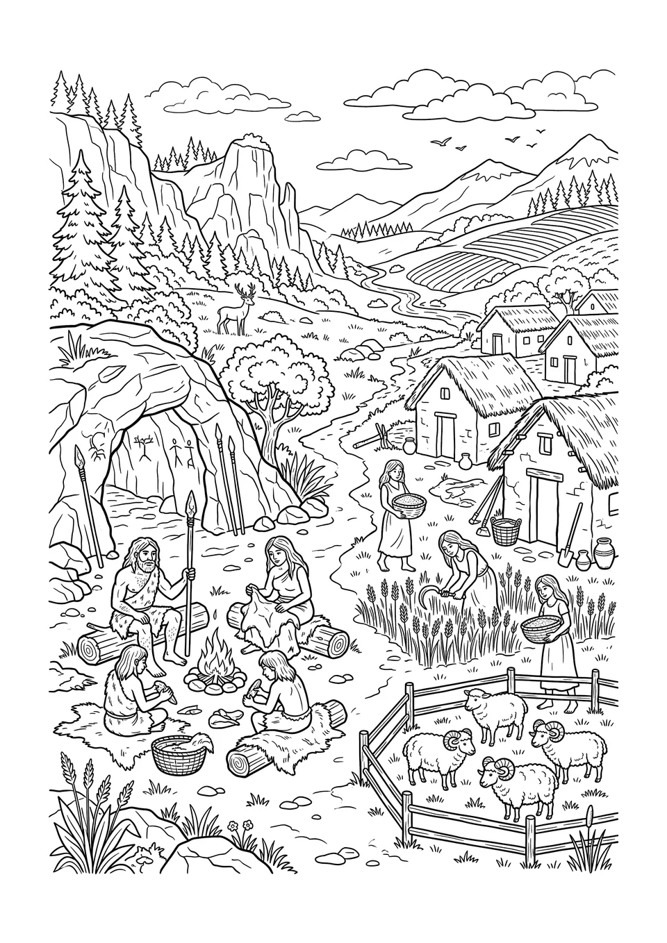 Cena detalhada em preto e branco ilustrando a Idade da Pedra, com caçadores-coletores nômades ao redor do fogo em uma caverna de um lado e primeiros agricultores com casas de barro e animais do outro.