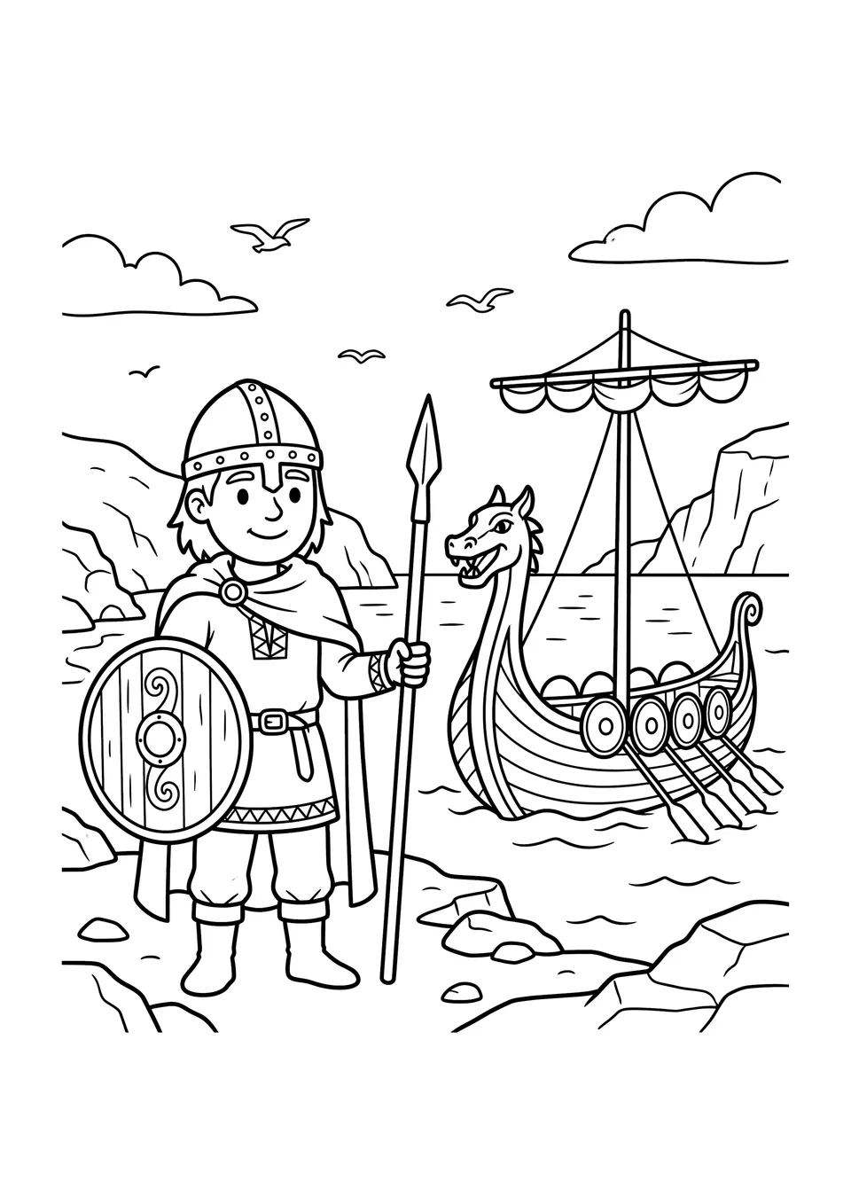 Desenho para colorir em preto e branco de um guerreiro viking na praia ao lado de um barco dácar ou longship, feito para crianças.
