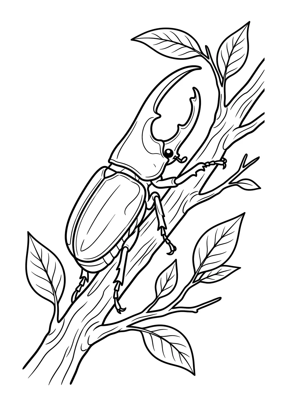 Desenho em preto e branco de um grande besouro-hércules detalhado sobre uma folha, pronto para colorir.