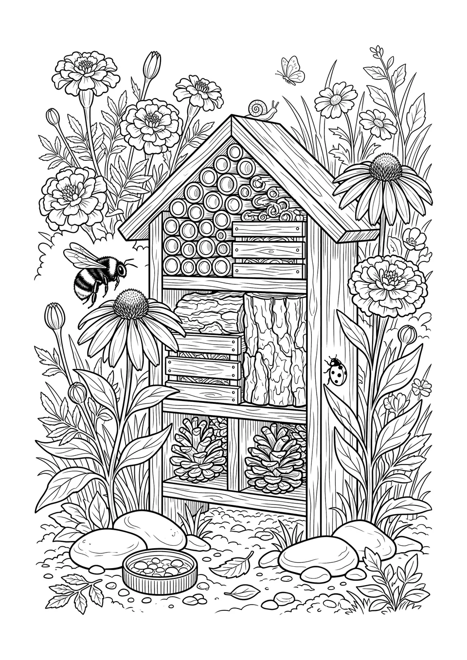 Um desenho detalhado em preto e branco mostrando um jardim de insetos no quintal com um hotel de insetos feito de bambu, equináceas, uma joaninha e uma mamangava.