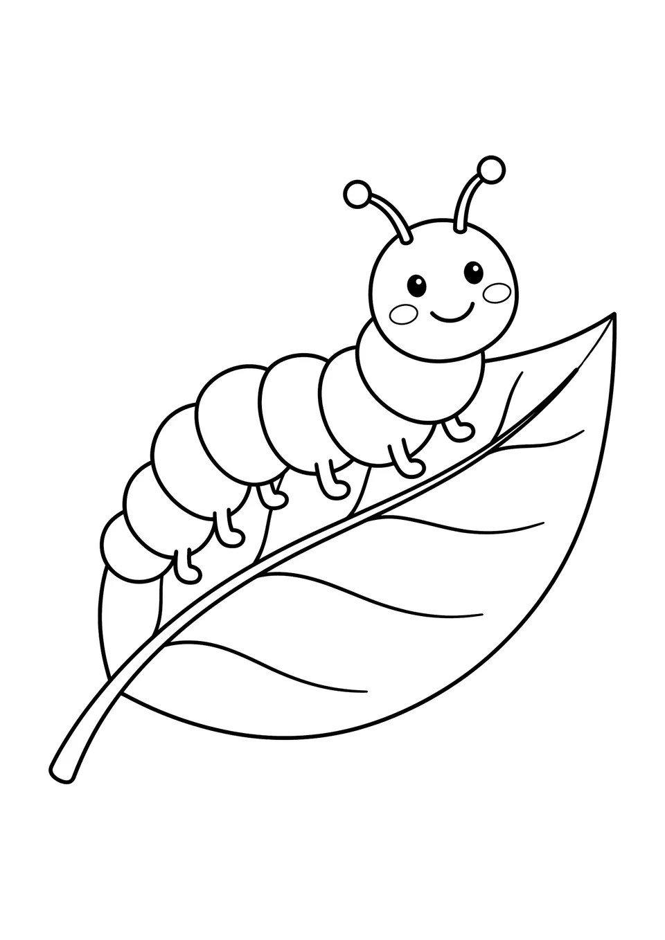 Um desenho simples em preto e branco de uma simpática lagarta rastejando sobre uma folha, pronto para colorir.