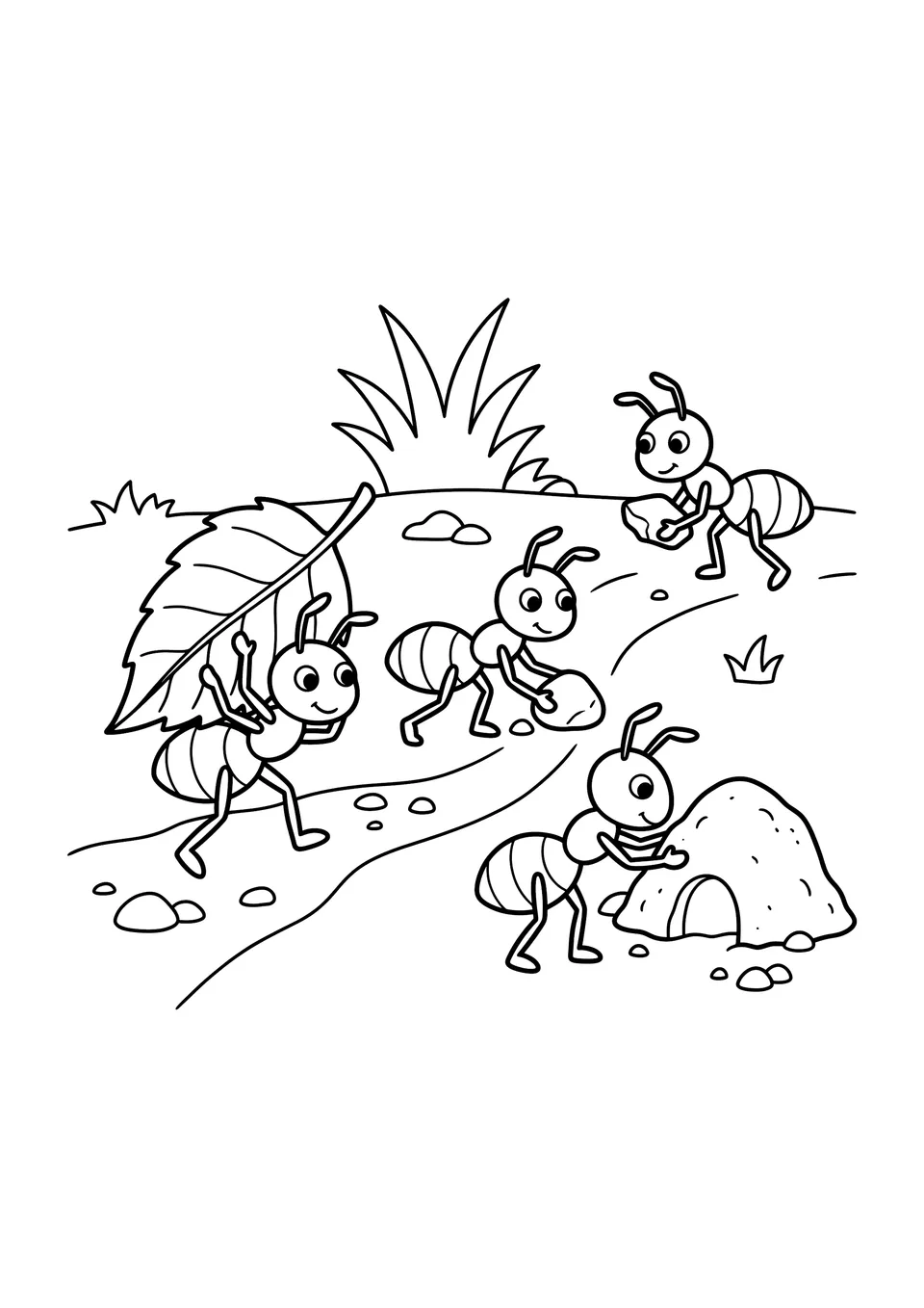 Desenho simples para colorir em preto e branco com formigas simpáticas trabalhando juntas perto de um formigueiro.