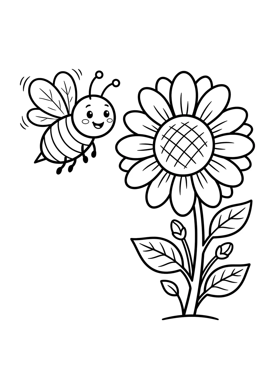 Desenho para imprimir e colorir de uma simpática abelha em estilo cartoon voando perto de uma flor grande, com contornos simples em preto para as crianças pintarem.