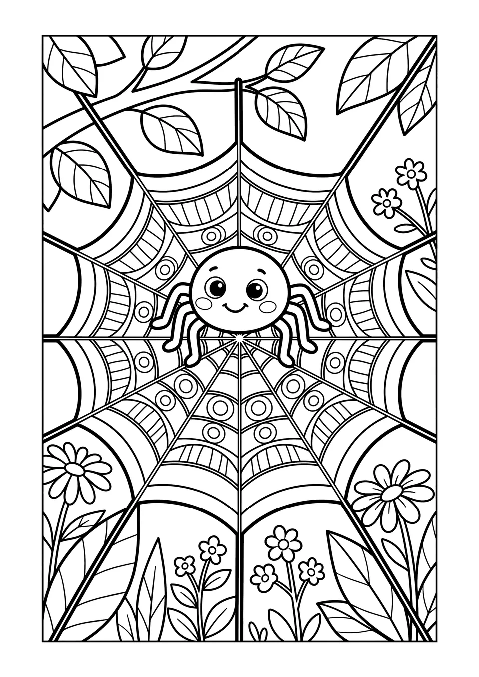 Um desenho simples em preto e branco de uma simpática aranha de oito patas em uma teia circular, ideal para crianças colorirem.