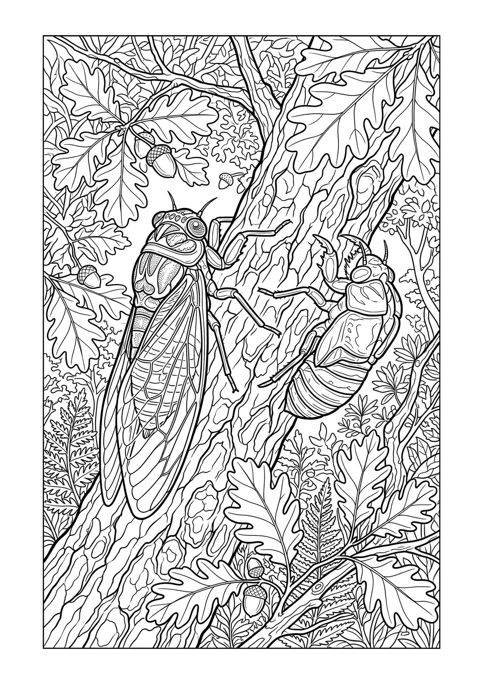 Desenho detalhado para colorir de uma cigarra adulta pousada no tronco de uma árvore ao lado de seu exoesqueleto vazio, cercada por folhas da floresta.
