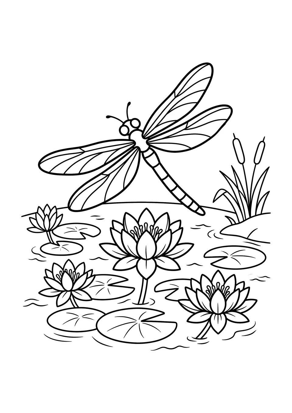 Um desenho para colorir de uma simpática libélula pairando sobre um lago com lírios-d'água, com contornos pretos nítidos e grandes áreas para pintar.