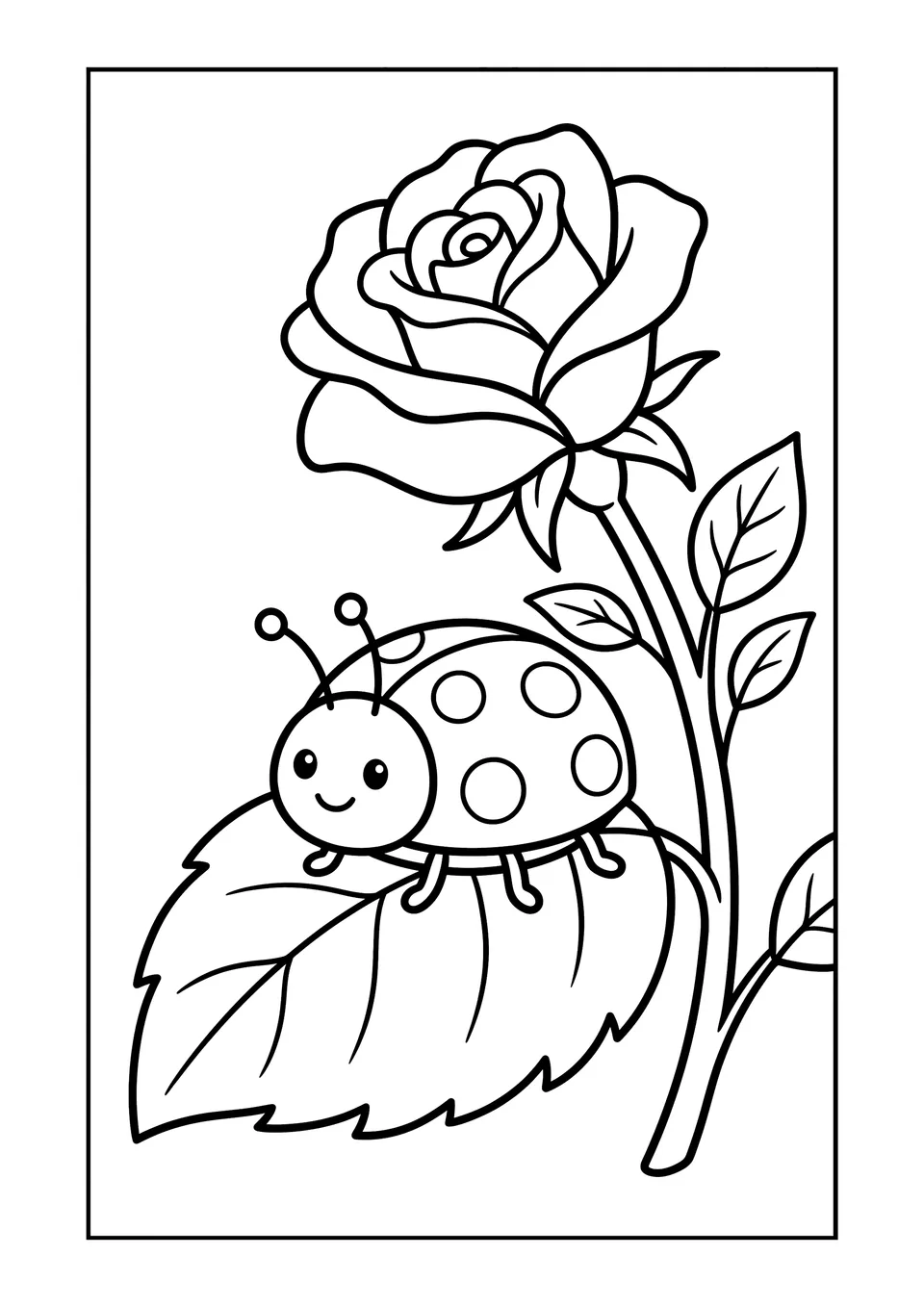 Um desenho simples e fofo para colorir de uma joaninha com pintinhas em cima de uma folha embaixo de uma rosa.