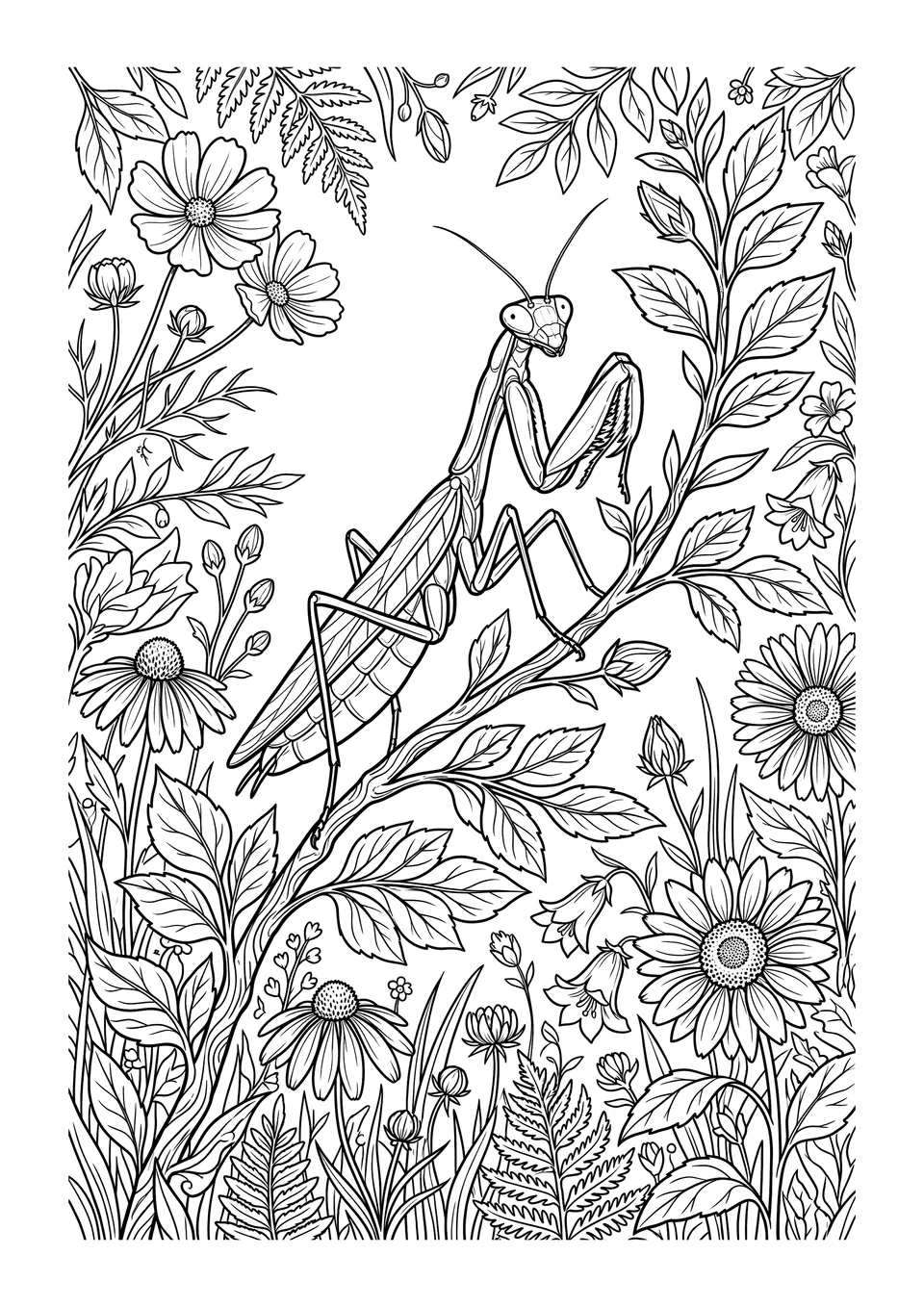 Um desenho para colorir detalhado com traços nítidos de um louva-a-deus pousado em um galho em um jardim repleto de folhas e flores.