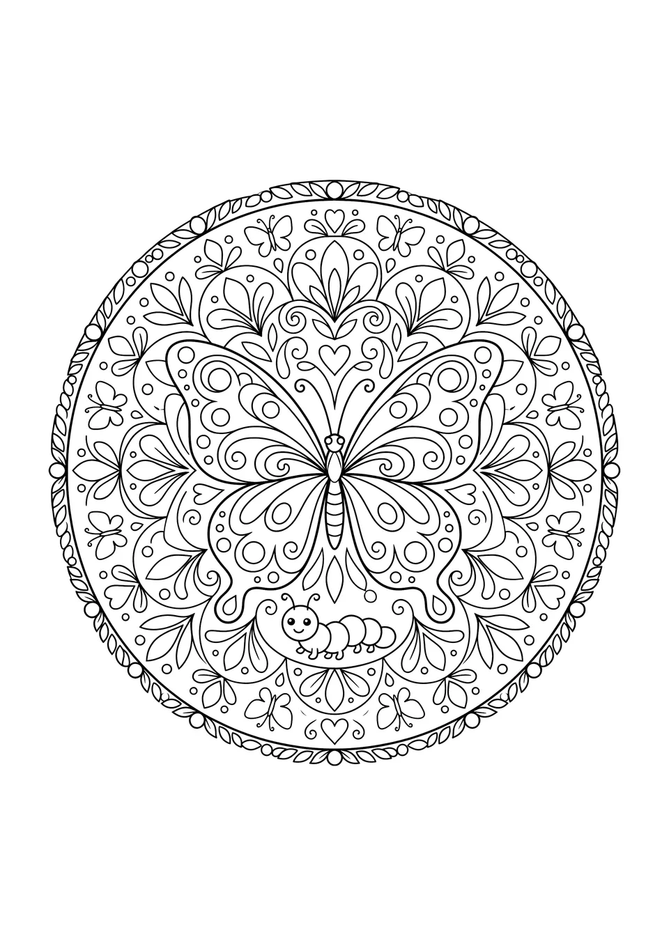 A portrait-oriented, black-and-white butterfly mandala coloring page with clear outlines and a caterpillar design, symbolizing patience and growth.