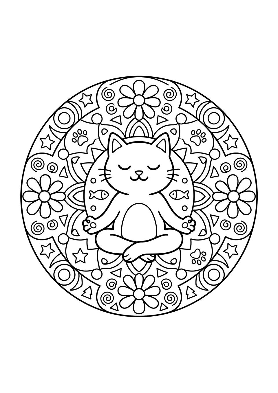 Desenho para colorir de mandala em preto e branco com um gato calmo sentado, cercado por padrões geométricos tranquilos.