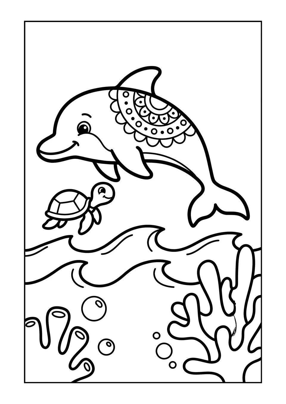 Um desenho simples em preto e branco para colorir infantil mostrando um golfinho sorridente e uma tartaruga-marinha nadando juntos perto de grandes corais.