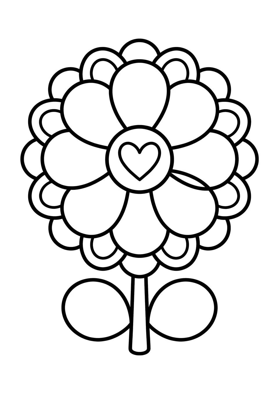 Desenho simples em preto e branco de uma flor grande com pétalas redondas e um coração no centro, feito para crianças colorirem.