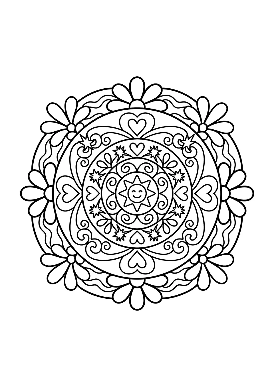 Um desenho simples em preto e branco para colorir com traços grossos, mostrando formas redondas de mandala de atenção plena criadas para representar uma respiração relaxante.