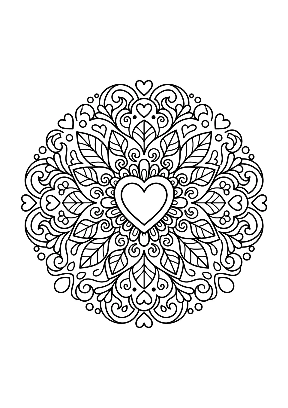 Desenho para imprimir em preto e branco de uma mandala de coração para colorir com traços nítidos e padrões simétricos.