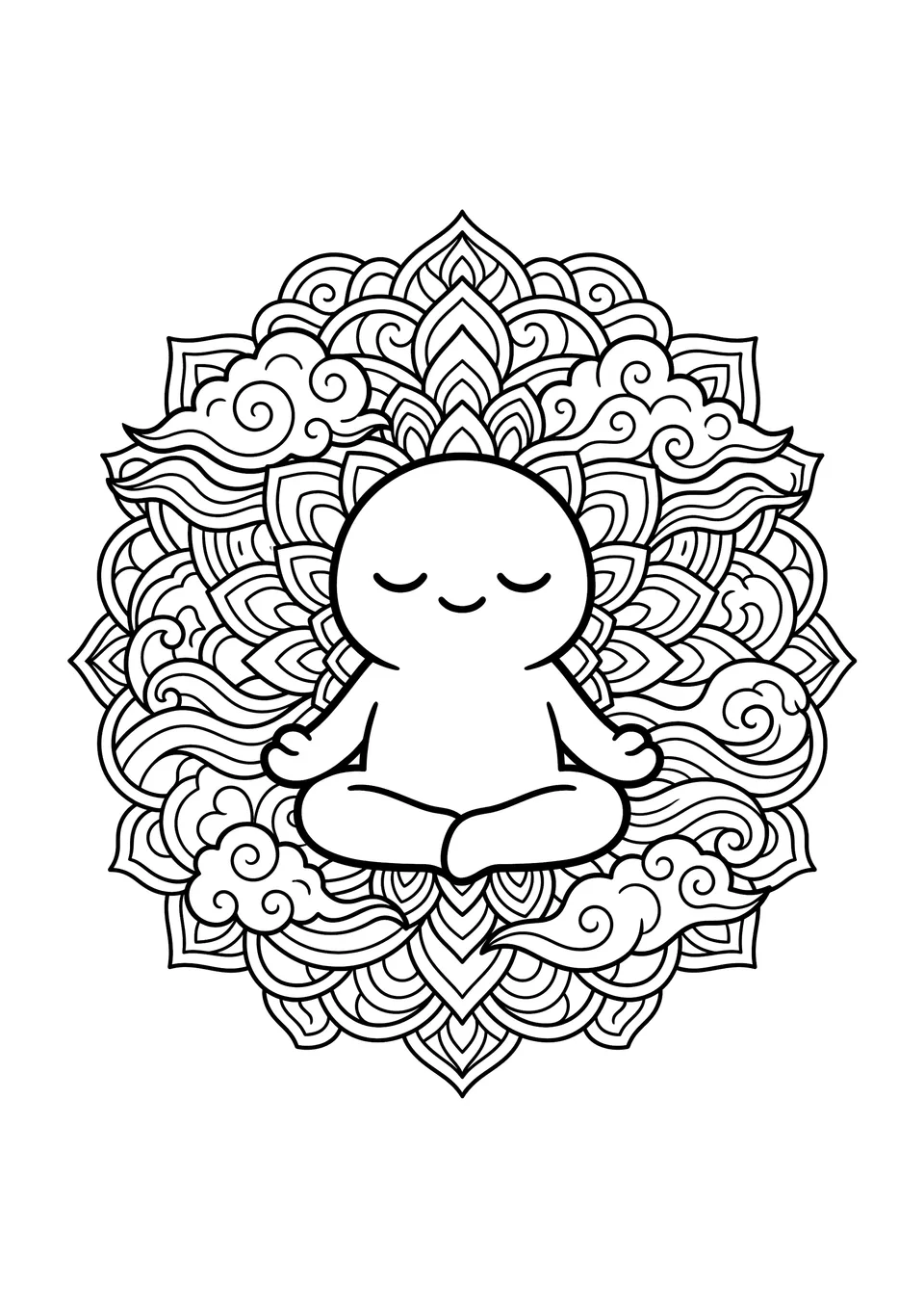 Desenho para colorir estilo mandala doodle em preto e branco com PicoBuddy meditando em paz entre nuvens flutuantes e ondas suaves.