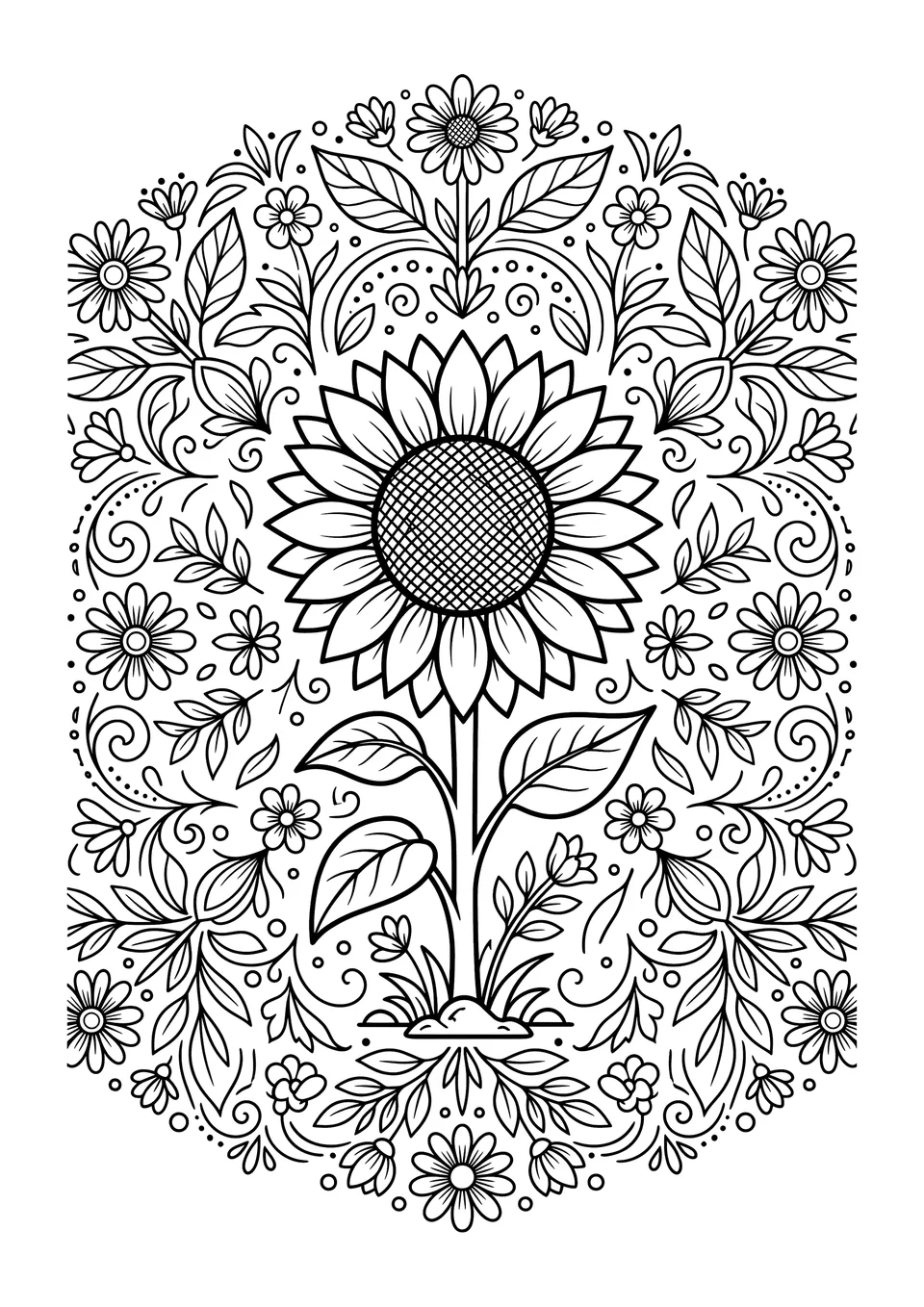 Desenho em preto e branco para imprimir e colorir, com um grande girassol dentro de um padrão de mandala floral.