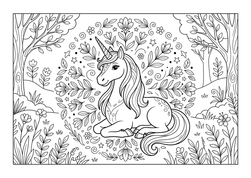 A black and white line art coloring page of a peaceful unicorn sitting in a meadow, surrounded by mandala-style flowers and forest leaves.