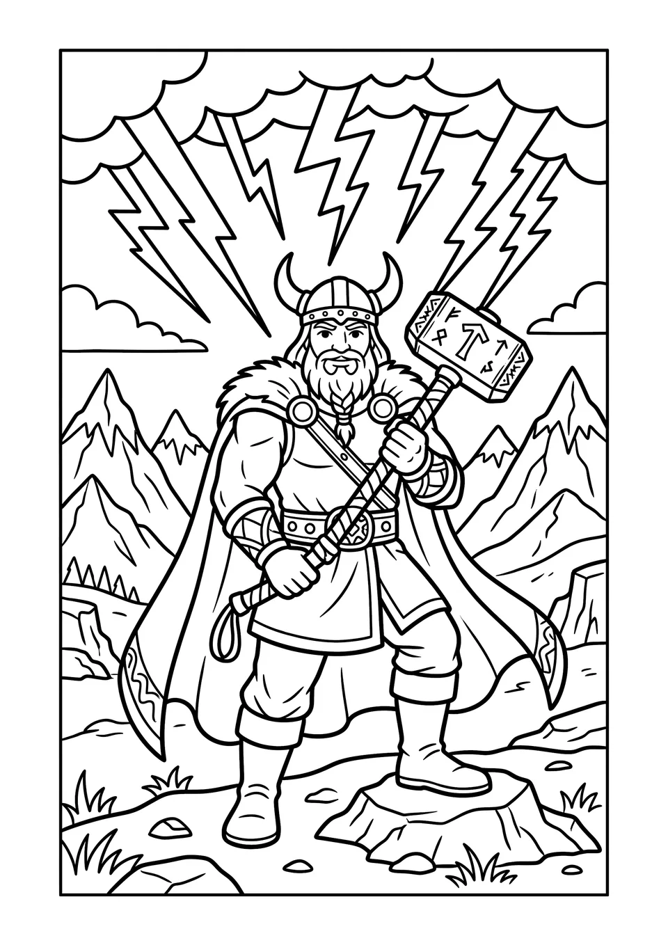 Desenho para colorir em traços pretos e brancos mostrando Thor segurando seu martelo Mjolnir com relâmpagos ao fundo.