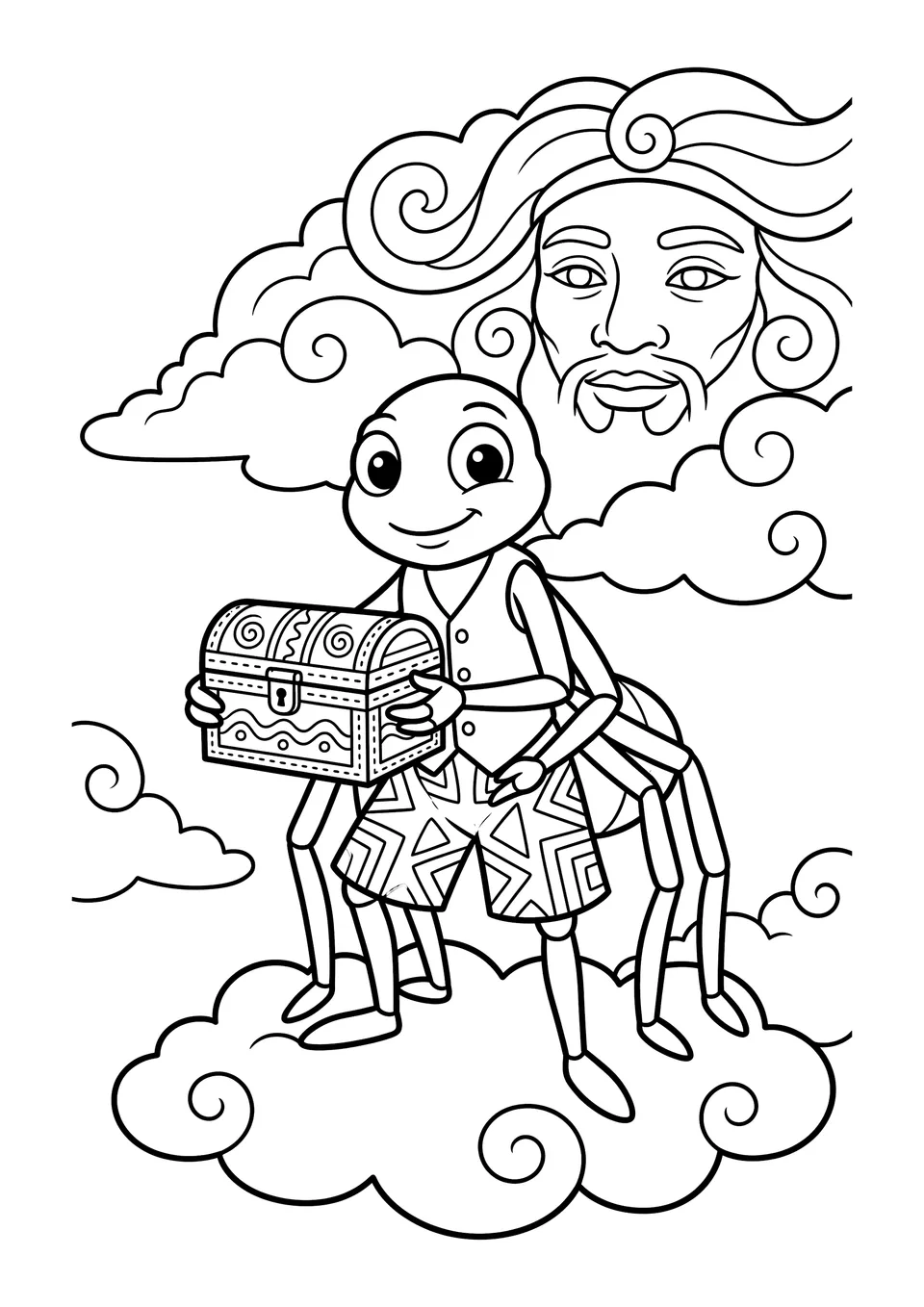 Desenho em preto e branco para colorir mostrando a aranha Anansi segurando um baú de histórias nas nuvens diante de Nyame, o Deus do Céu.