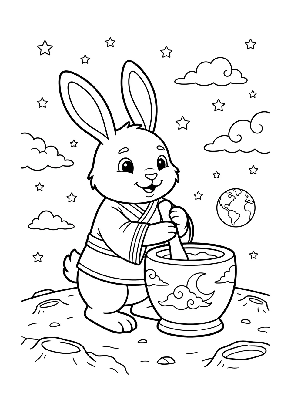 Desenho em preto e branco para crianças colorirem com o simpático Coelho de Jade na Lua, usando um pilão para misturar ervas sob um céu estrelado.