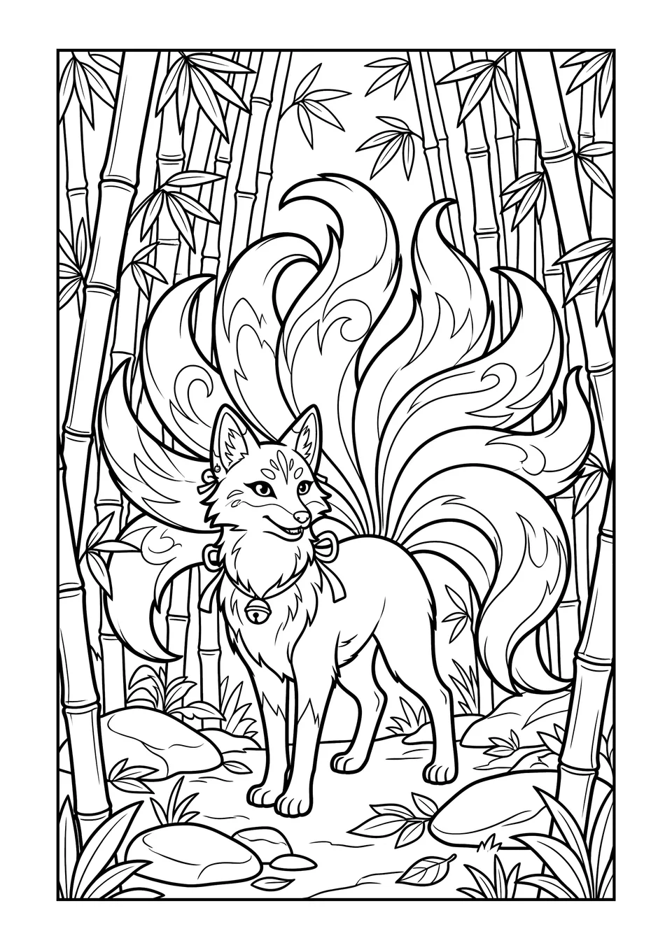Desenho em preto e branco para colorir mostrando uma majestosa raposa japonesa Kitsune de nove caudas entre altos caules de bambu.