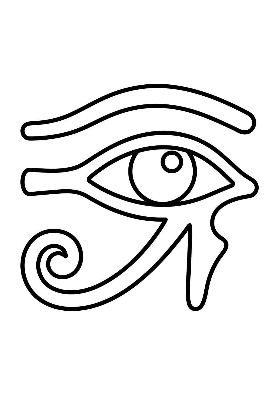 A printable black and white outline coloring page of an ancient Egyptian Eye of Horus amulet, showing hawk-like lines and protective Egyptian designs.