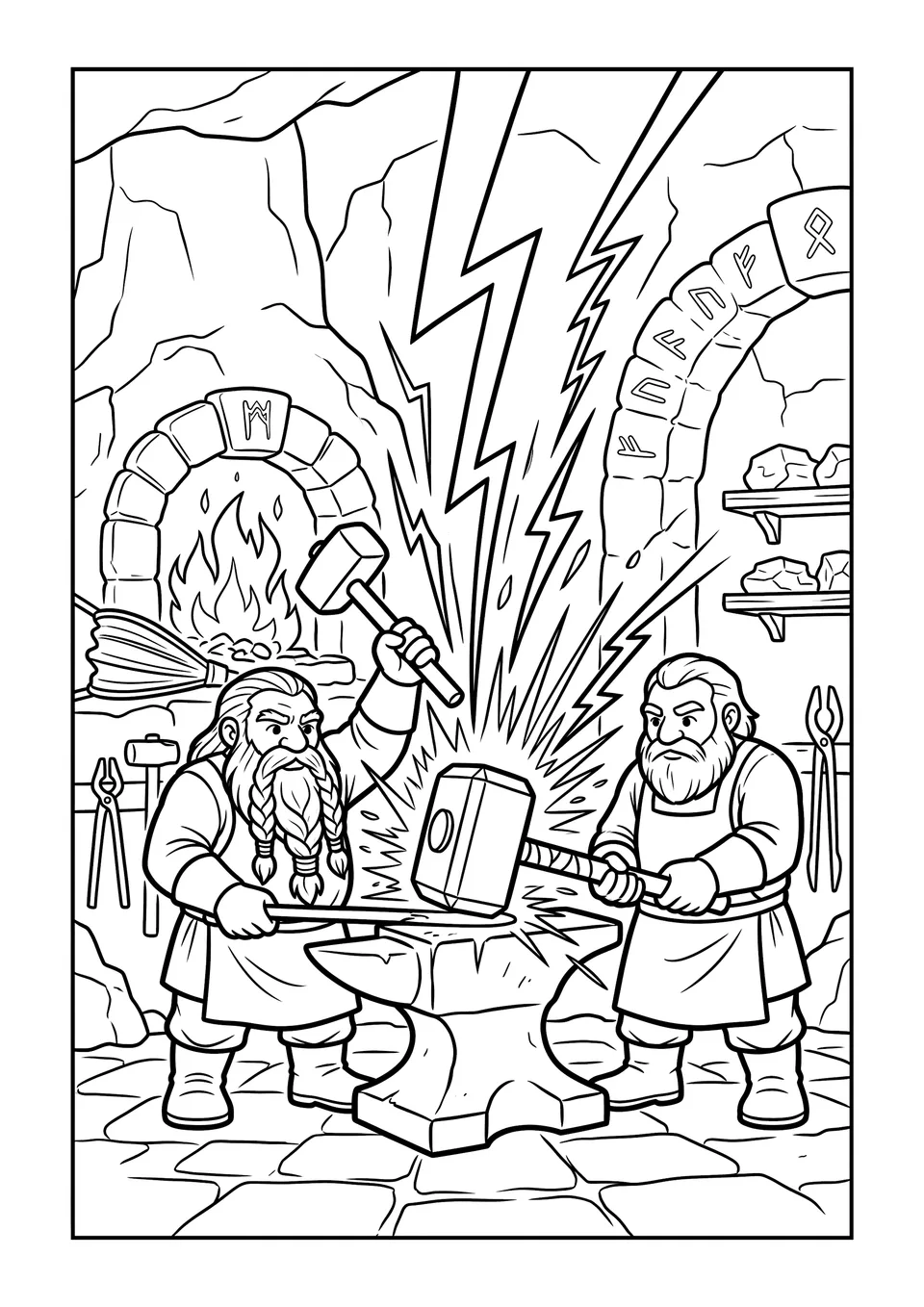 Desenho para colorir em preto e branco mostrando o martelo de Thor, Mjolnir, sobre uma bigorna dentro de uma forja de anões com raios estilizados saindo dele.