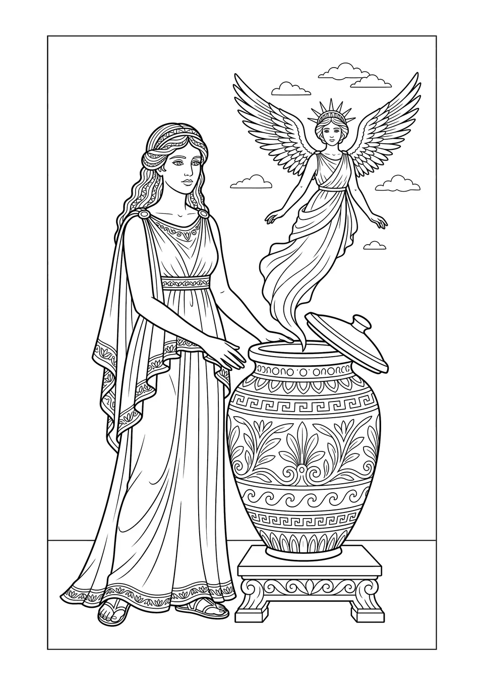 Desenho em preto e branco para colorir de Pandora ao lado de um antigo jarro grego, com o espírito alado da Esperança saindo dele.