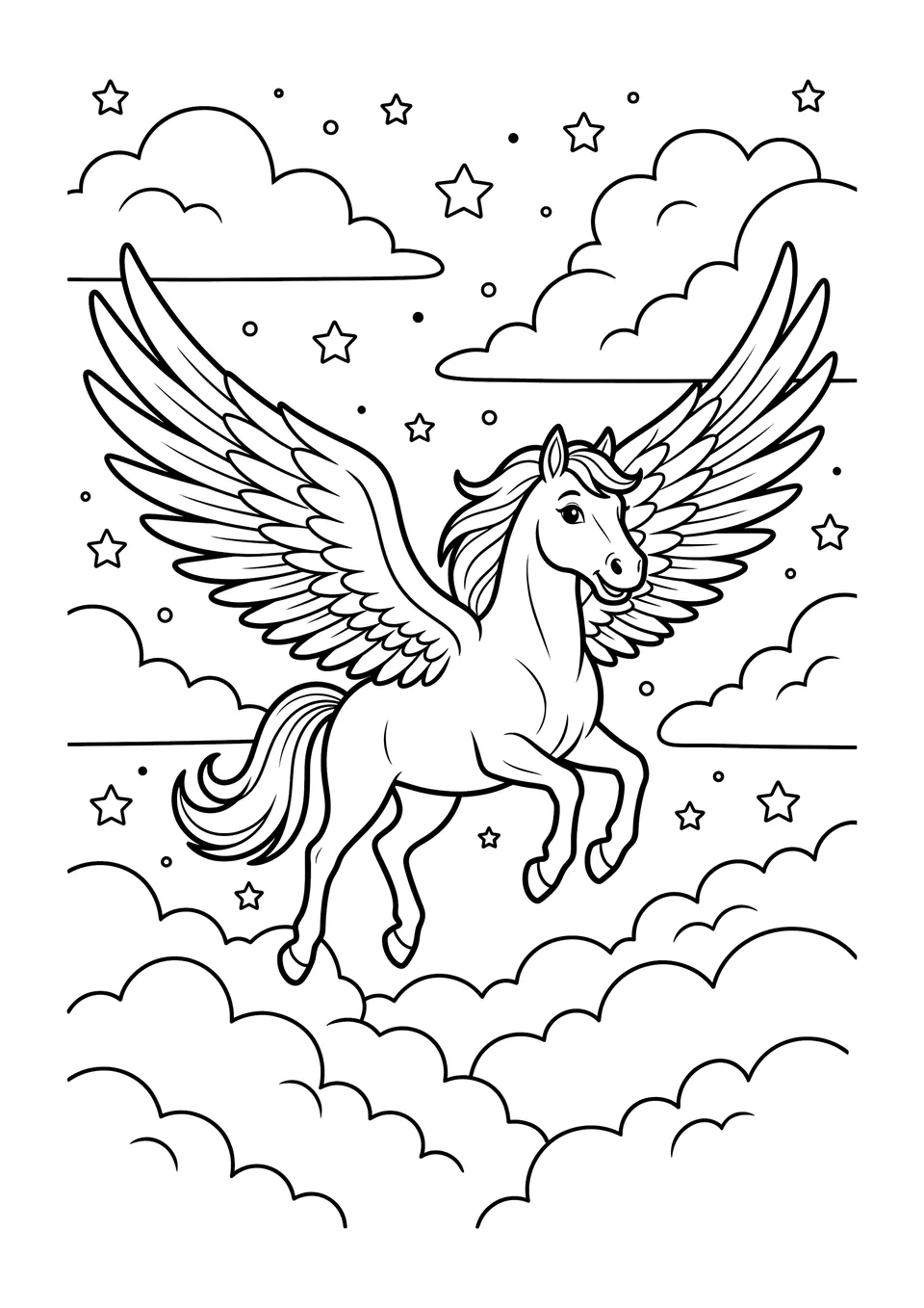 Black and white line art coloring page of Pegasus, the mythical winged horse, flying through fluffy clouds and stars.