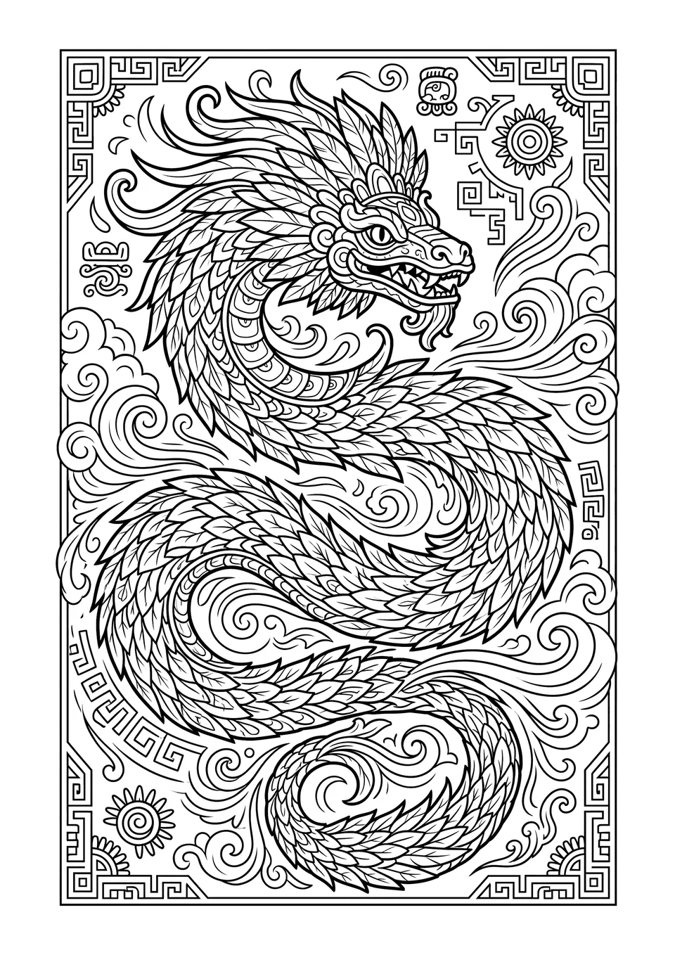 A detailed black and white coloring page of Quetzalcoatl, the feathered serpent god of the Aztecs, surrounded by traditional Mesoamerican patterns and wind elements.