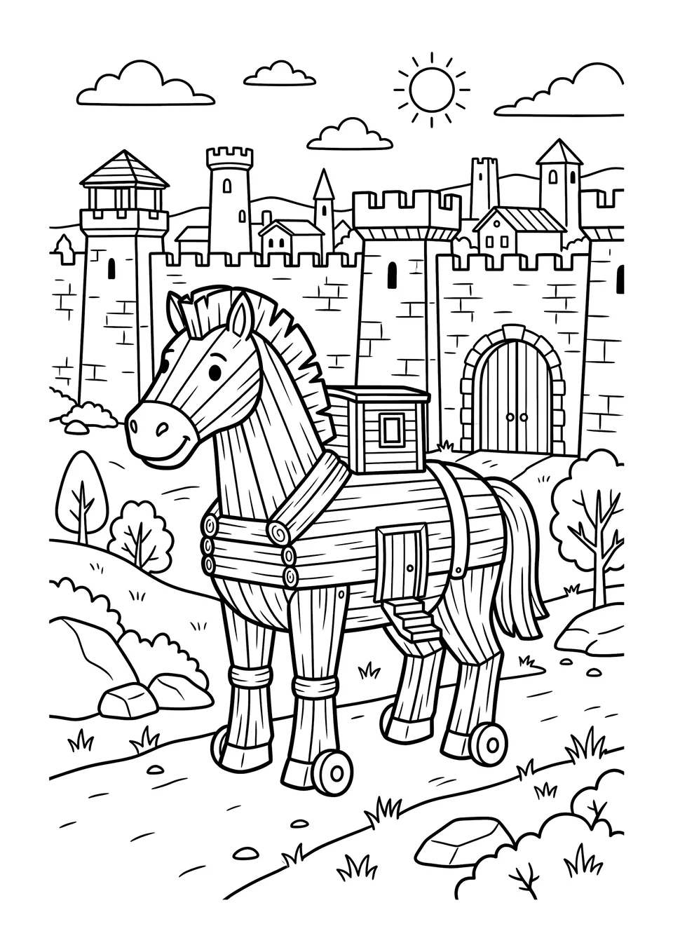 Desenho em preto e branco para colorir do gigantesco Cavalo de Troia de madeira com rodas diante das muralhas de pedra da antiga Troia.